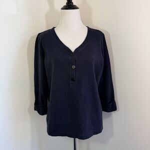 J. Jill Waffle Knit Henley Shirt Navy Blue 3/4 Sleeve Beach Coastal S